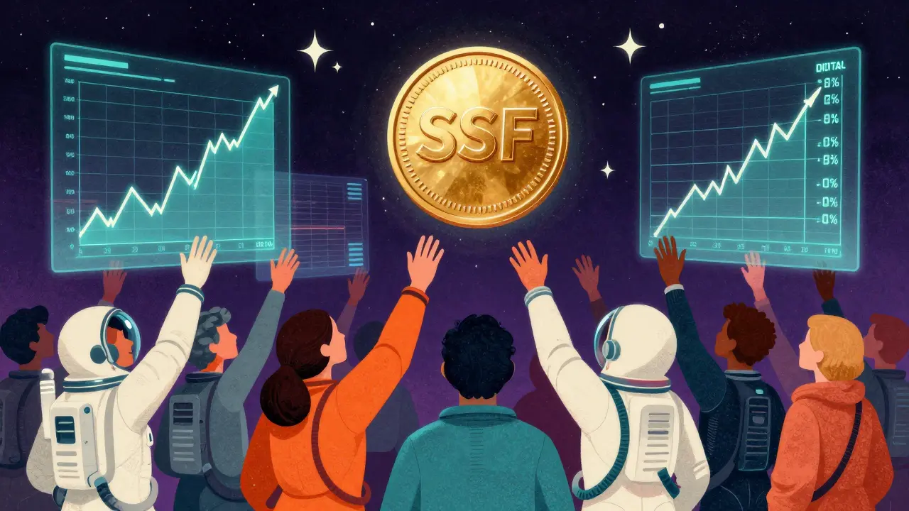 Stylized cartoon of people chasing a floating SSF token with unrealistic growth charts.