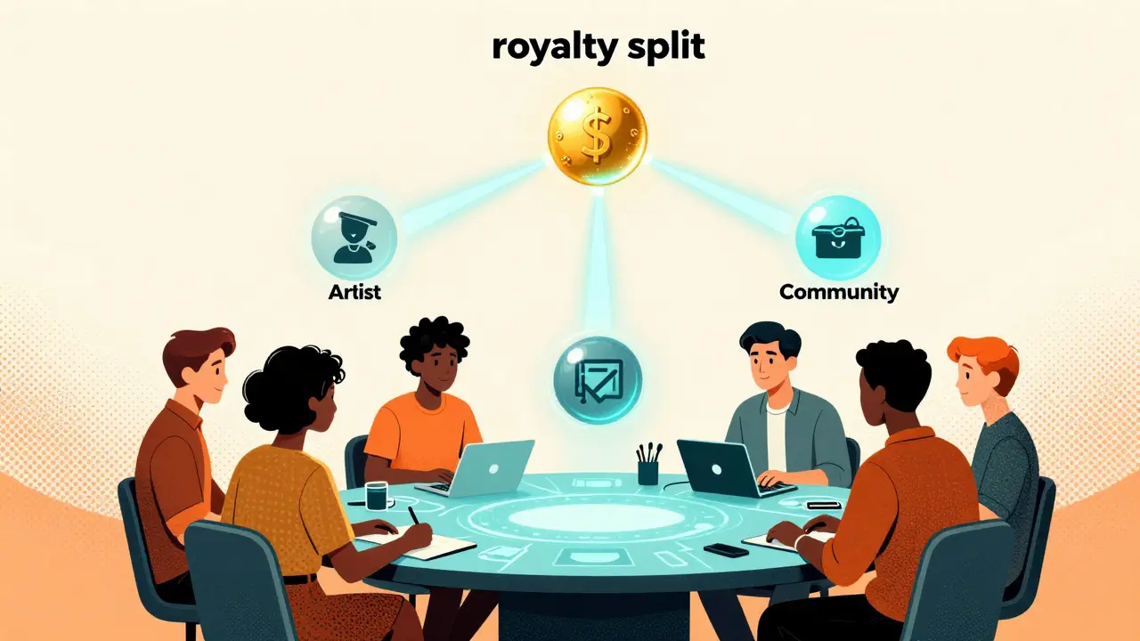 Team of creators using a holographic interface to split NFT royalty payments automatically.