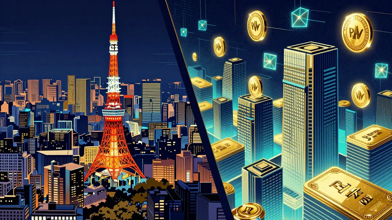 Tokyo city buildings transforming into digital tokens and gold bonds in retro-futuristic style