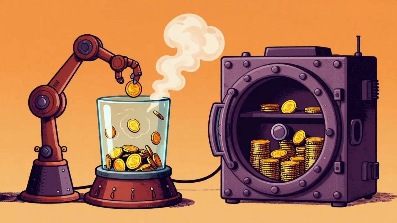 Vintage robotic arms place tokens into a furnace to reduce supply.