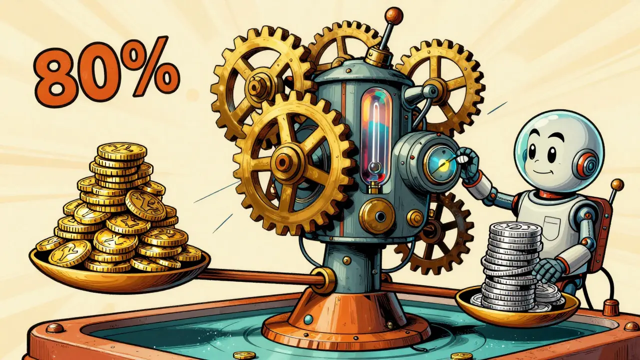 Vintage-style robot adjusting a weighted balance of gold and silver coins on a cosmic machine.