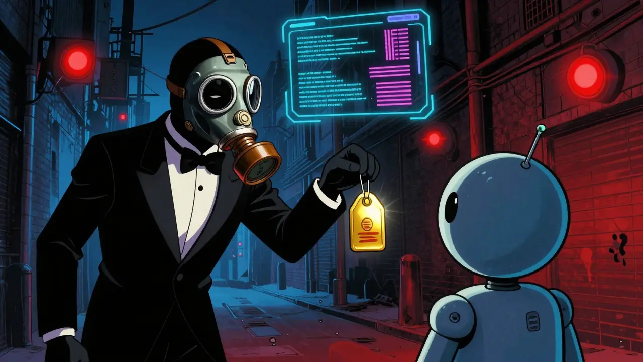 A shady figure lures a robot with fake tokens in a dark, neon-lit setting.