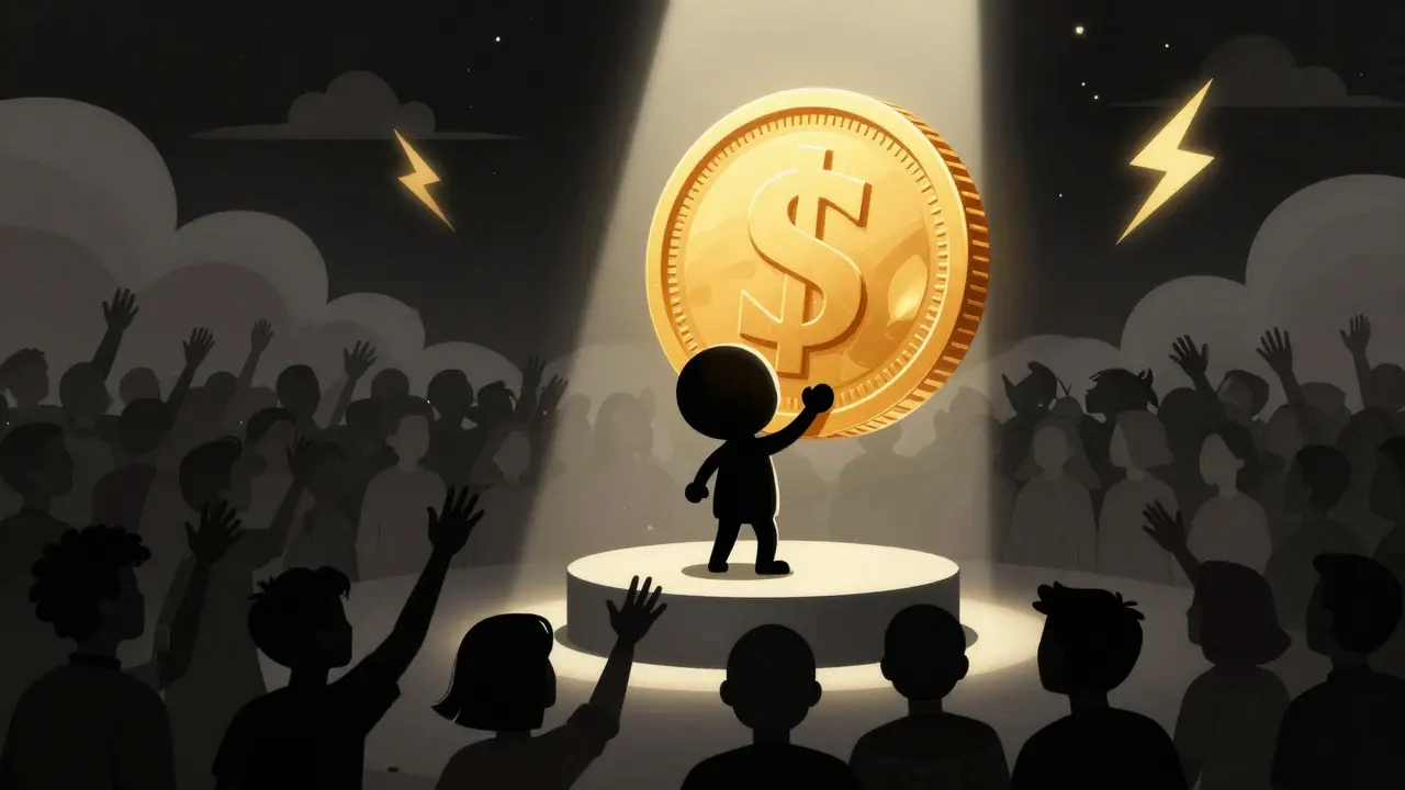 A single winner on a podium holding a large coin, surrounded by a shadowy crowd.
