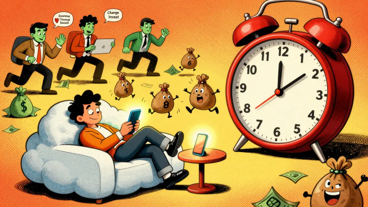 A sleeping user loses money bags to a ticking clock on their smartphone in retro illustration.