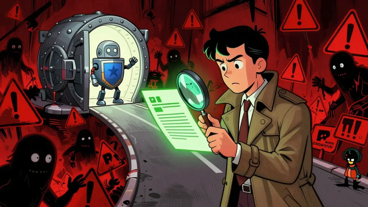 A user choosing between a safe path and a dangerous scam-filled abyss in a retro style.