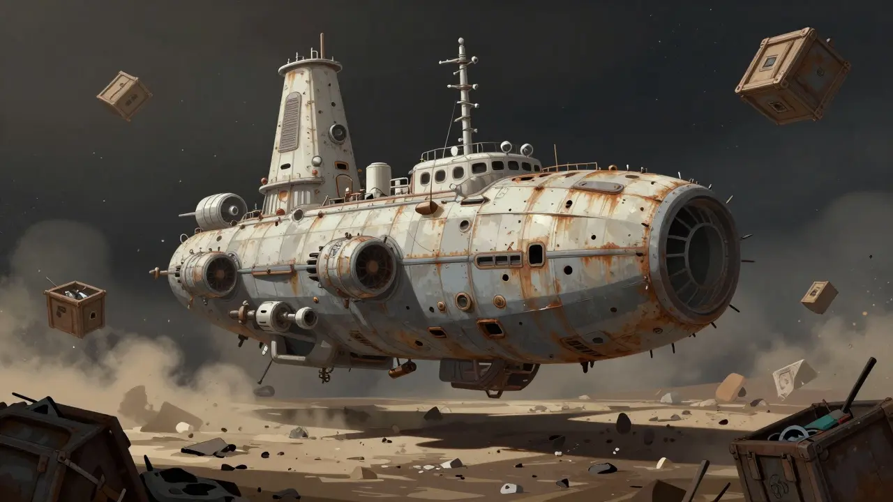 Abandoned, rusty space mining ship drifting in dark space, representing a failed game project.