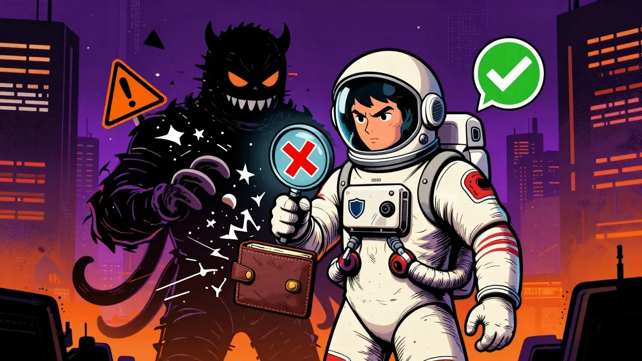 Astronaut blocking scam monster while protecting crypto wallet