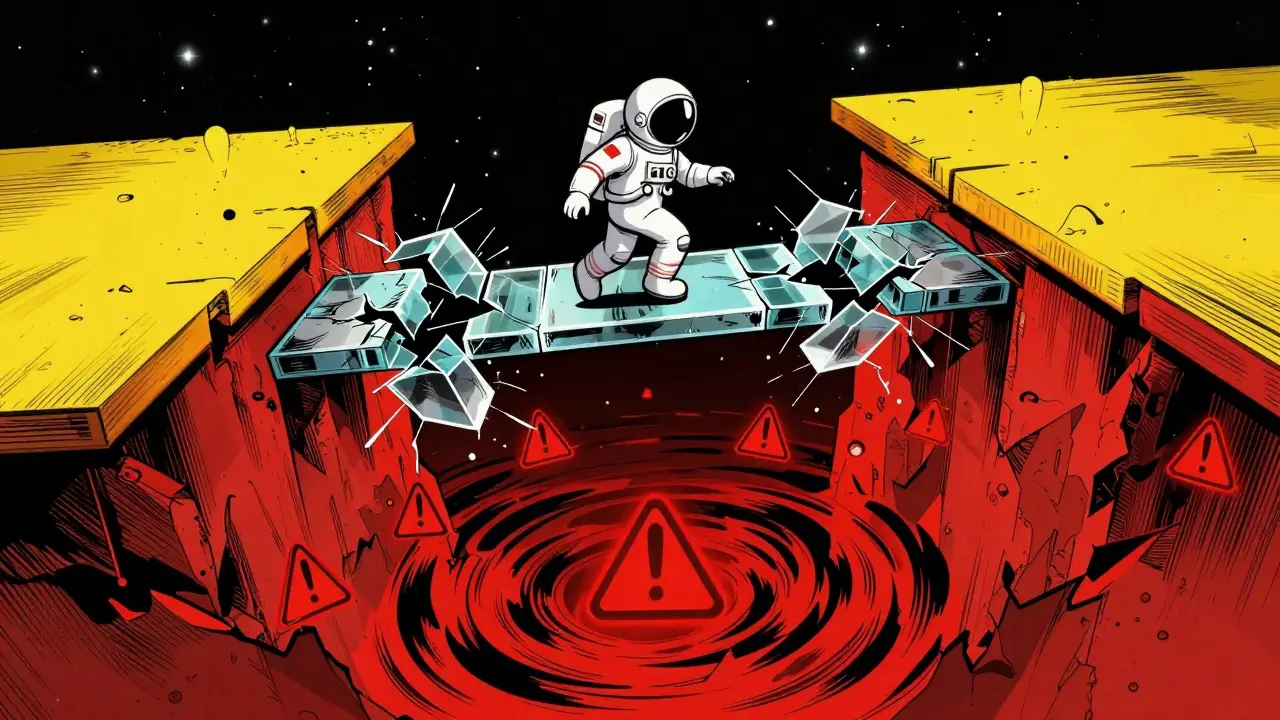 Astronaut risking a fall across a breaking bridge representing high slippage