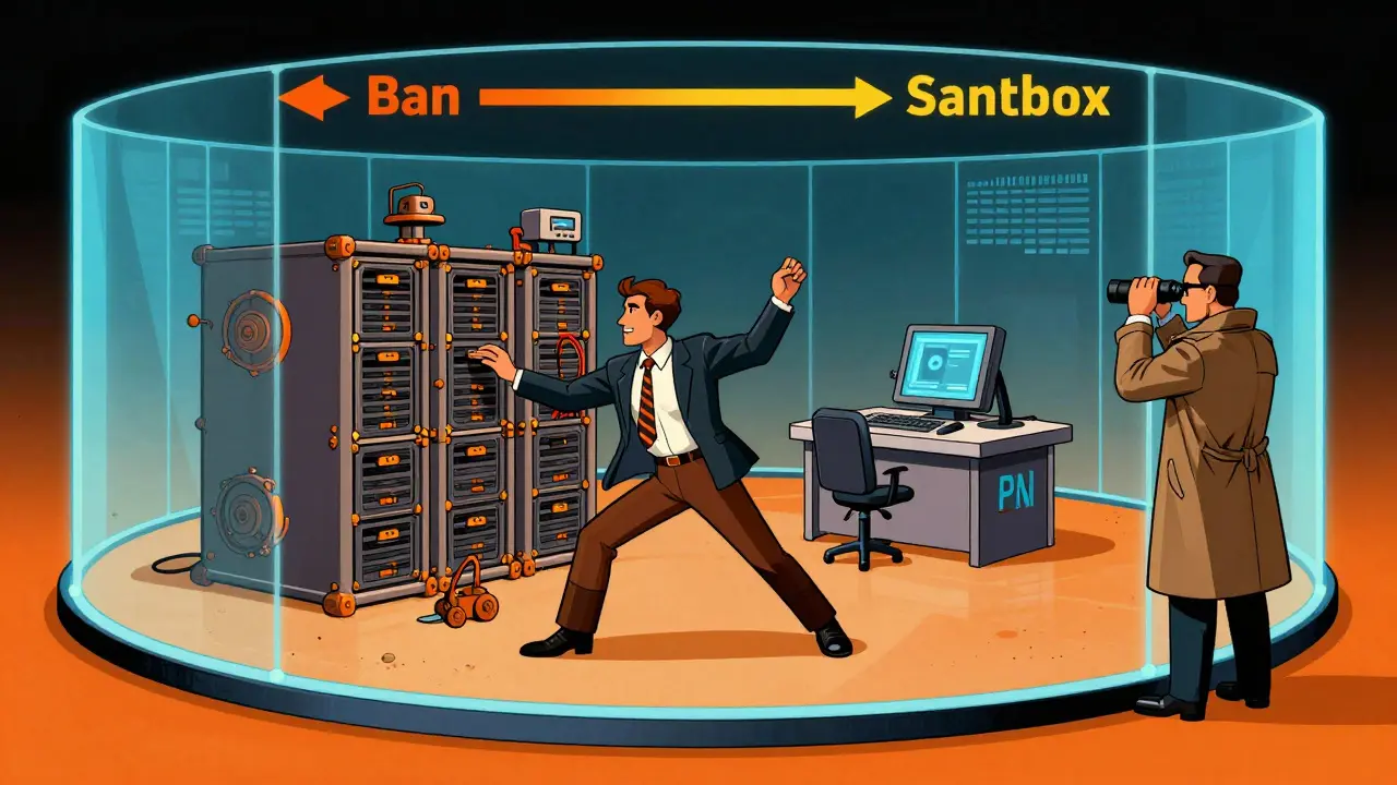 Cartoon of a businessman setting up servers in a regulated sandbox while an inspector watches.