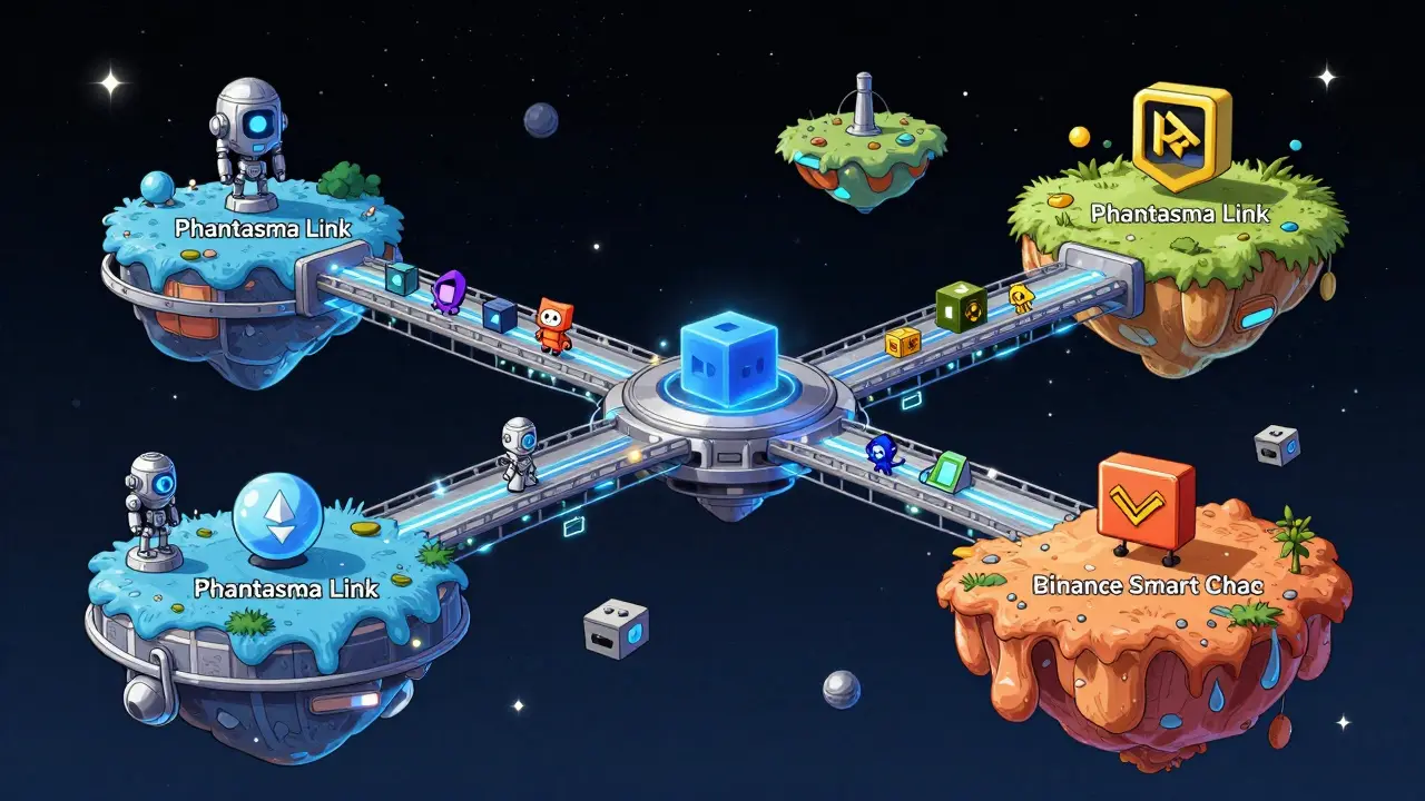 Cartoon of interconnected blockchain islands linked by a futuristic data bridge.