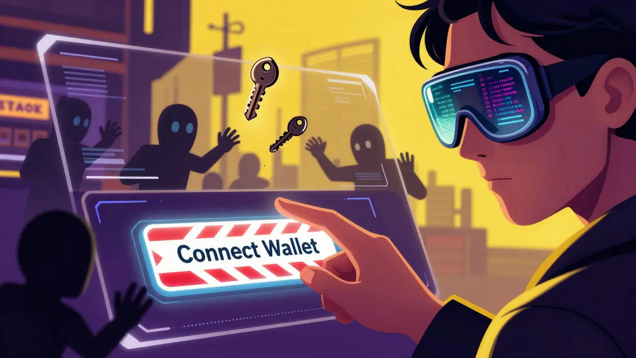 Cartoon showing a user cautiously connecting a wallet while avoiding scam bots in a retro-future setting.