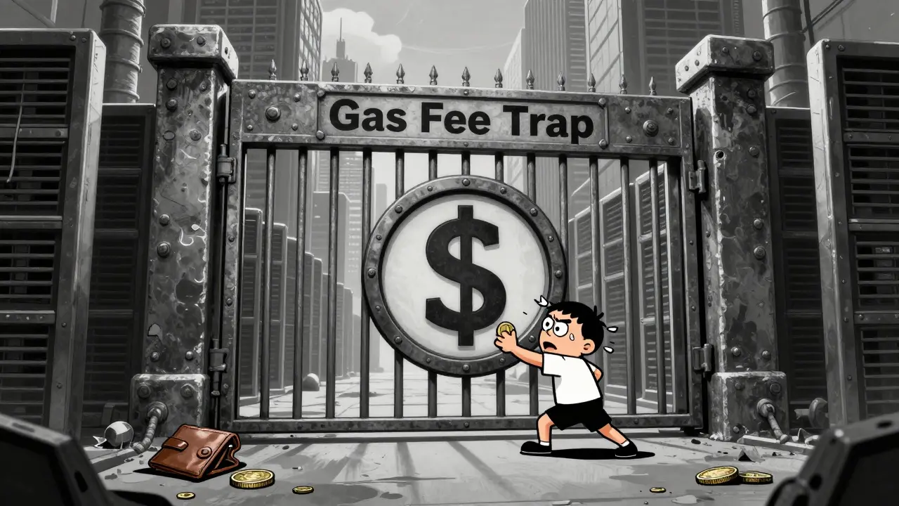 Cartoon showing a user trapped by high gas fees trying to sell a worthless crypto coin.