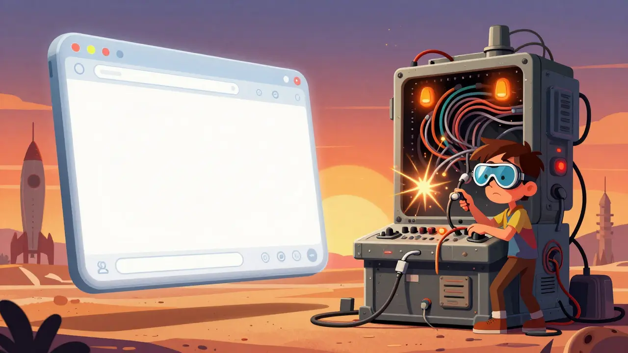 Character struggling with clunky retro tech interface