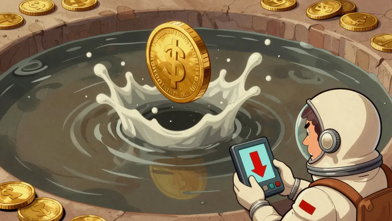 Coin causing huge splash in shallow pool showing slippage