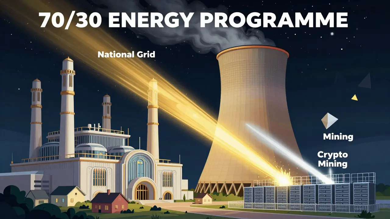 Conceptual art of a power plant splitting energy between national grid and mining.