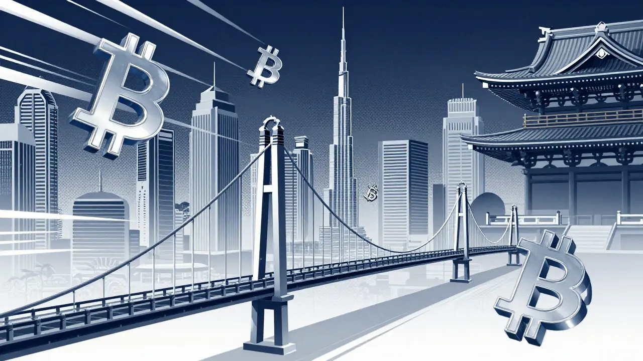 Crypto assets flowing out of Japan to other countries in a retro-futuristic style.