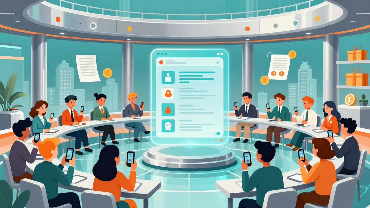 Futuristic community members voting in a high-tech circular chamber