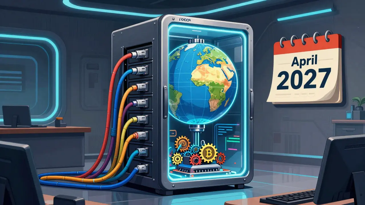 Futuristic server processing crypto data for OECD CARF tax reporting system