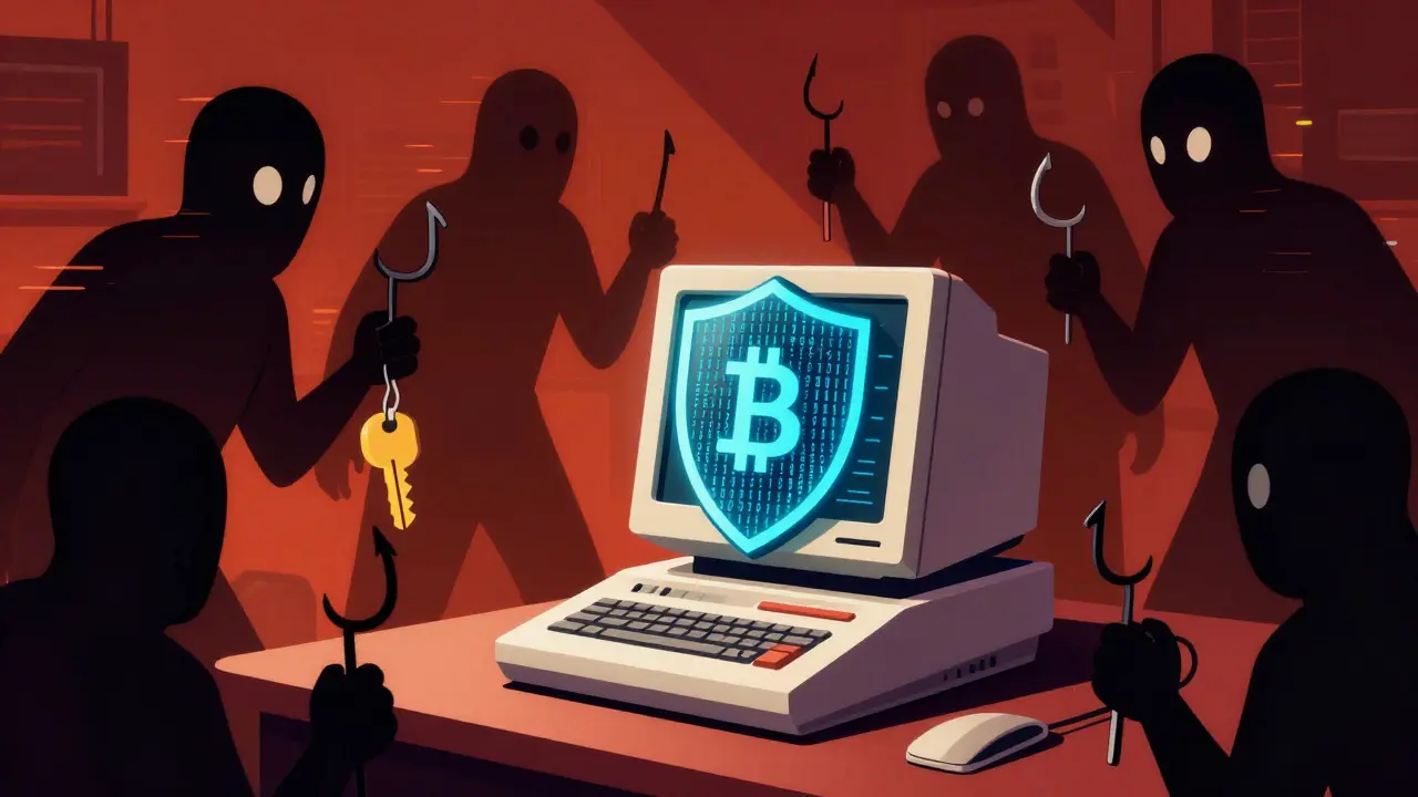 Futuristic wallet protected by a shield from shadowy scam ghosts