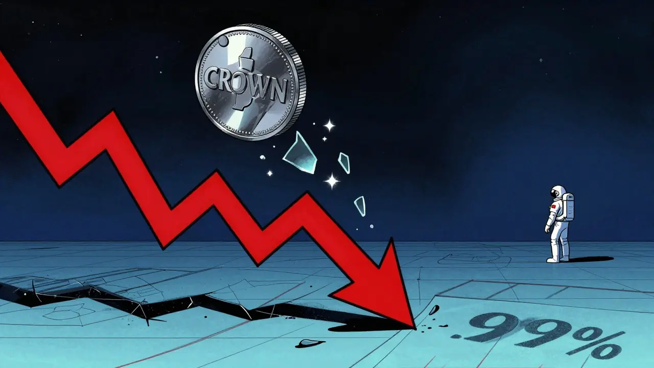 Illustration of a cryptocurrency coin crashing down into a void, symbolizing massive value loss.