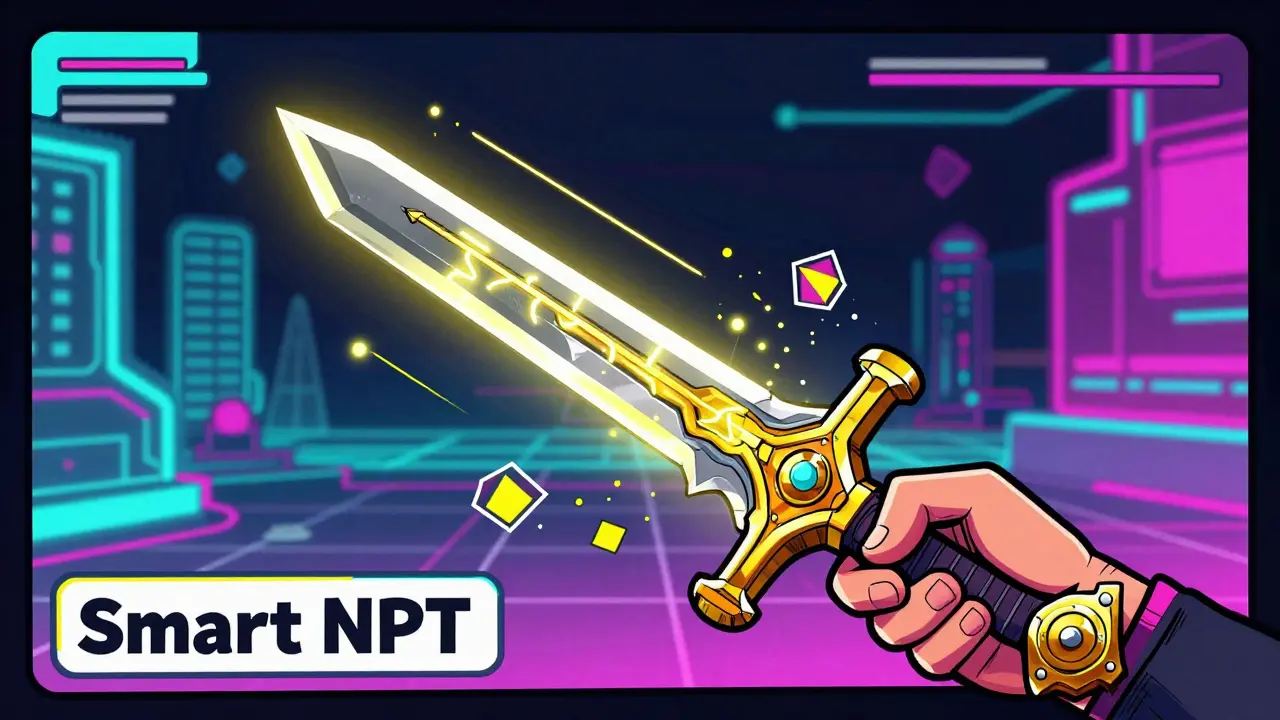 Illustration of a dynamic Smart NFT sword leveling up with glowing runes.