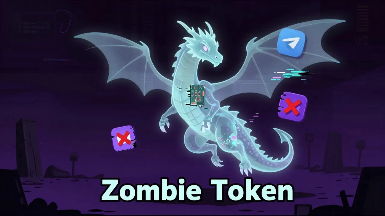 Illustration of a fading zombie dragon token surrounded by broken social media icons.