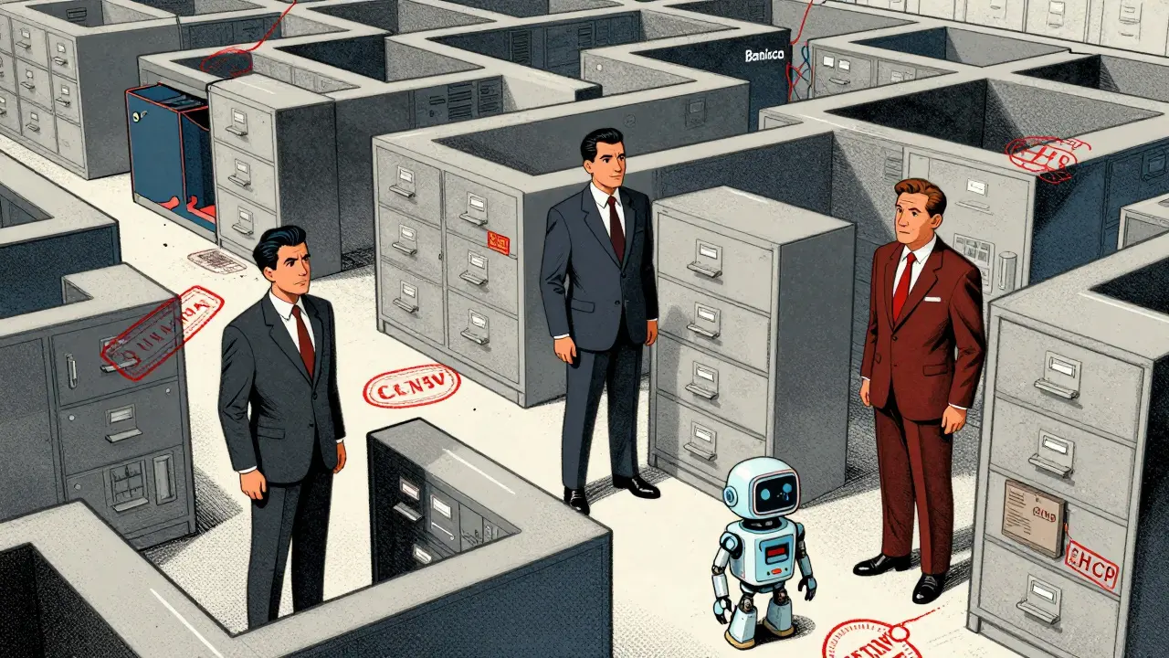 Illustration of Mexican regulators forming a bureaucratic maze blocking fintech innovation.