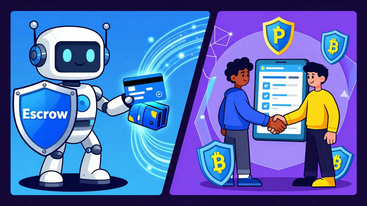 Illustration of secure crypto trading with escrow and P2P handshake