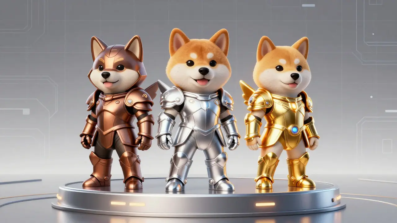 Illustration of three Shiba Inu NFTs in bronze, silver, and gold tiers standing on a podium.