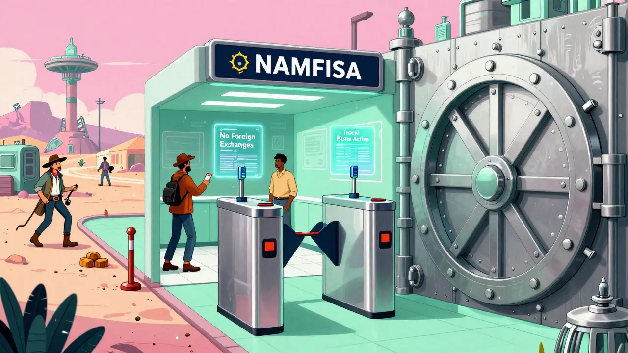 Illustration showing Namibia's crypto regulation as a secure gate between chaos and prohibition.