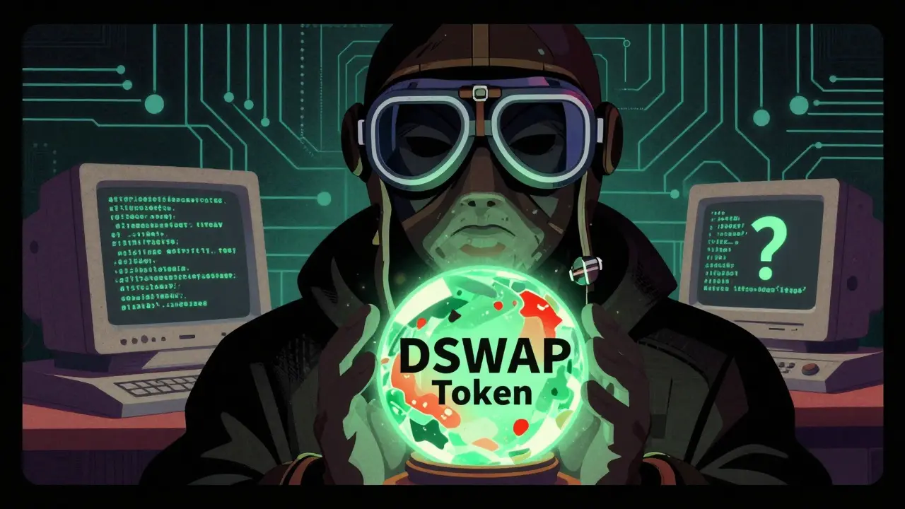 Mysterious figure holding a volatile crypto token in a retro sci-fi setting