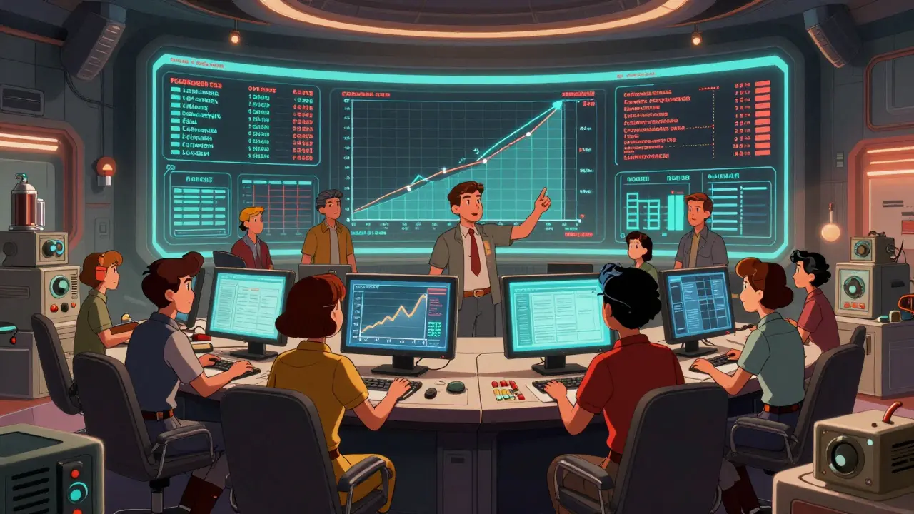 Nonprofit staff monitoring crypto transactions in retro-futuristic control room