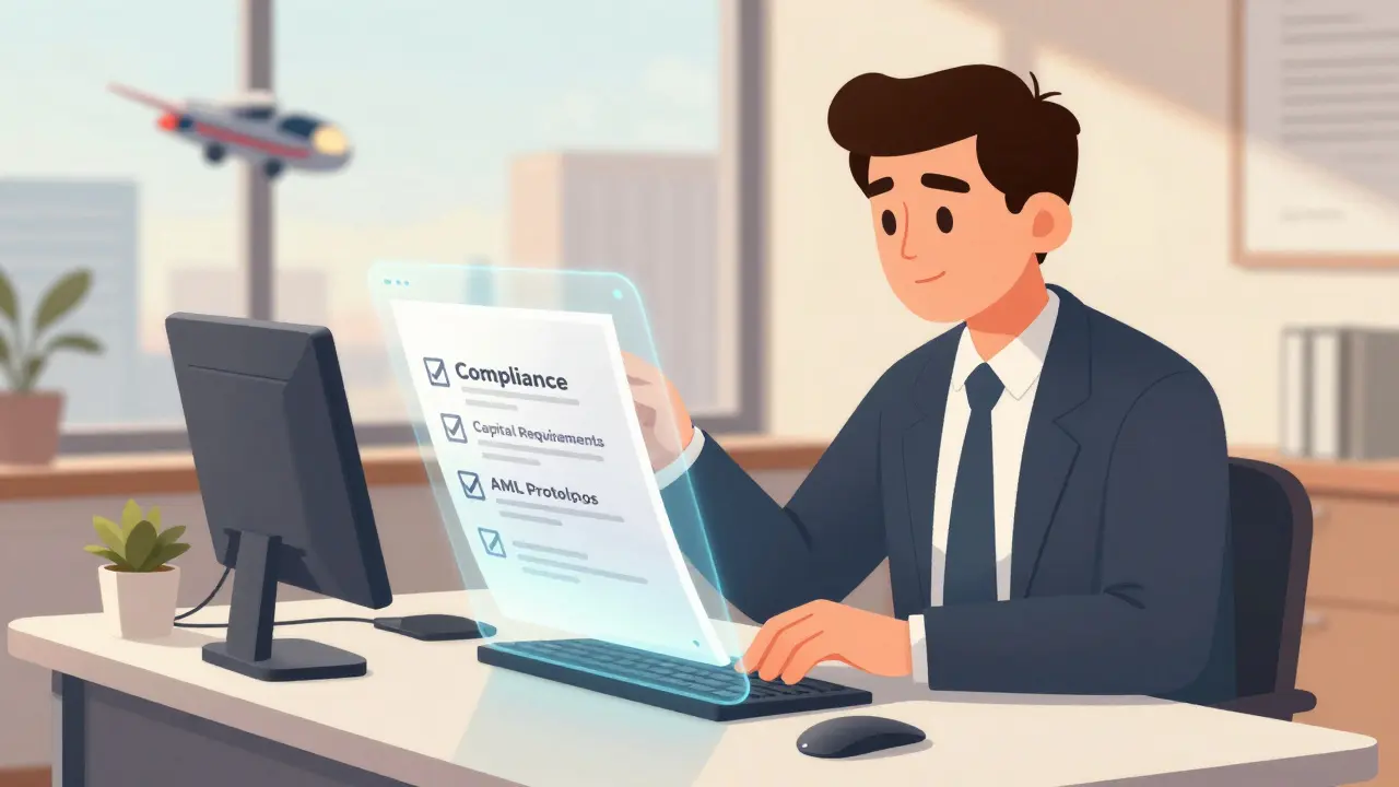 Professional reviewing digital compliance steps for crypto licensing