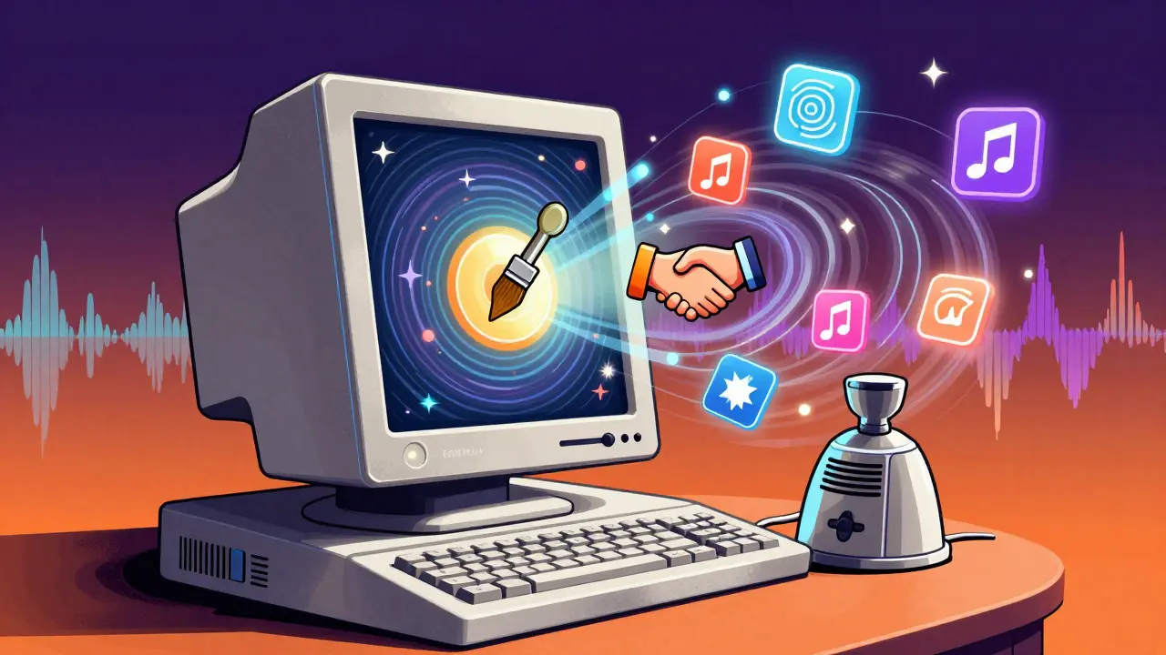 Retro computer converting art and ideas into glowing digital tokens