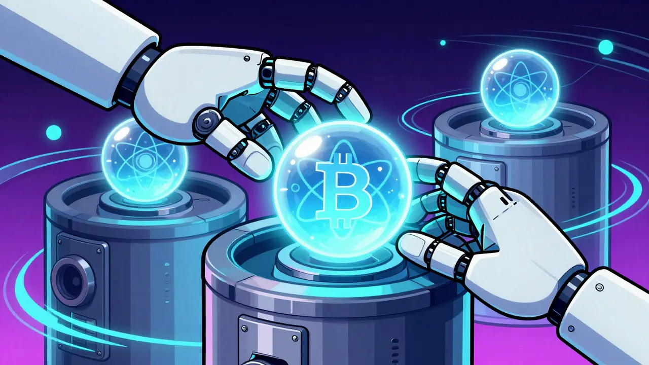 Robotic hands transferring a glowing crypto coin between secure vaults in a retro style.