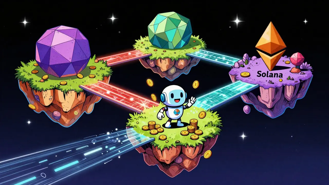 Robotic mascot connecting floating blockchain islands with light bridges