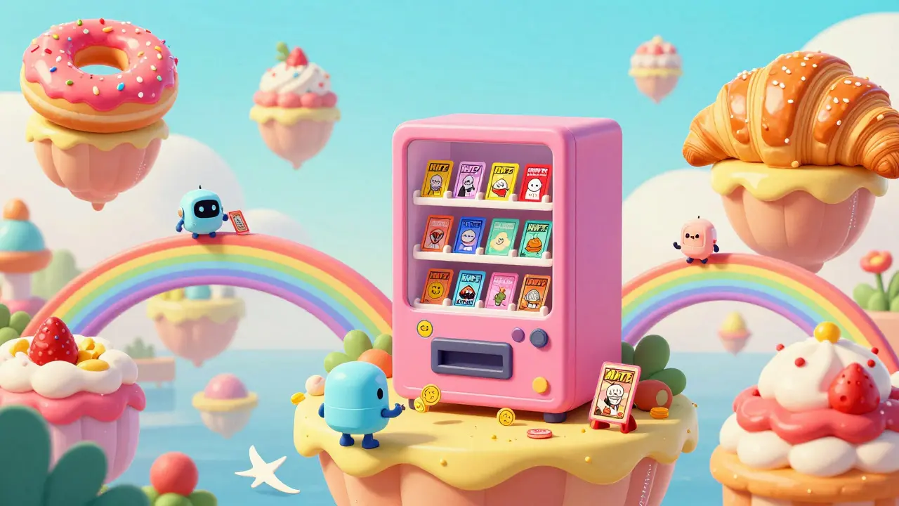 Robots trade pastry-shaped NFTs in a bright, whimsical retro-future market.
