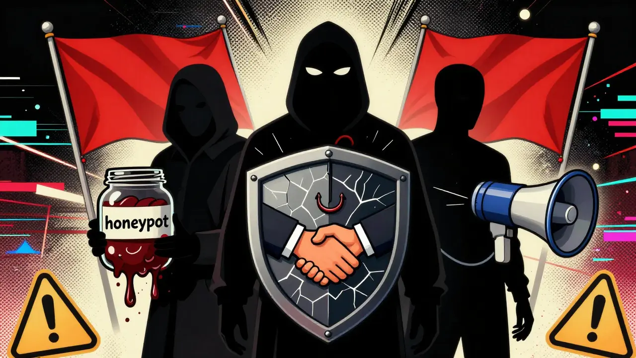 Shadowy anonymous figures hiding behind cracked contracts and honeypots