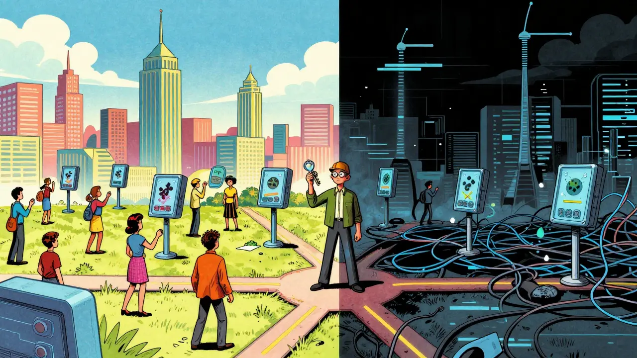 Split illustration showing benefits and risks of digital voting