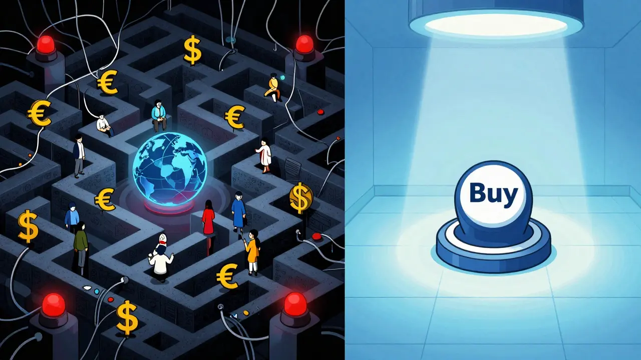 Split view: chaotic global crypto maze vs simple local exchange