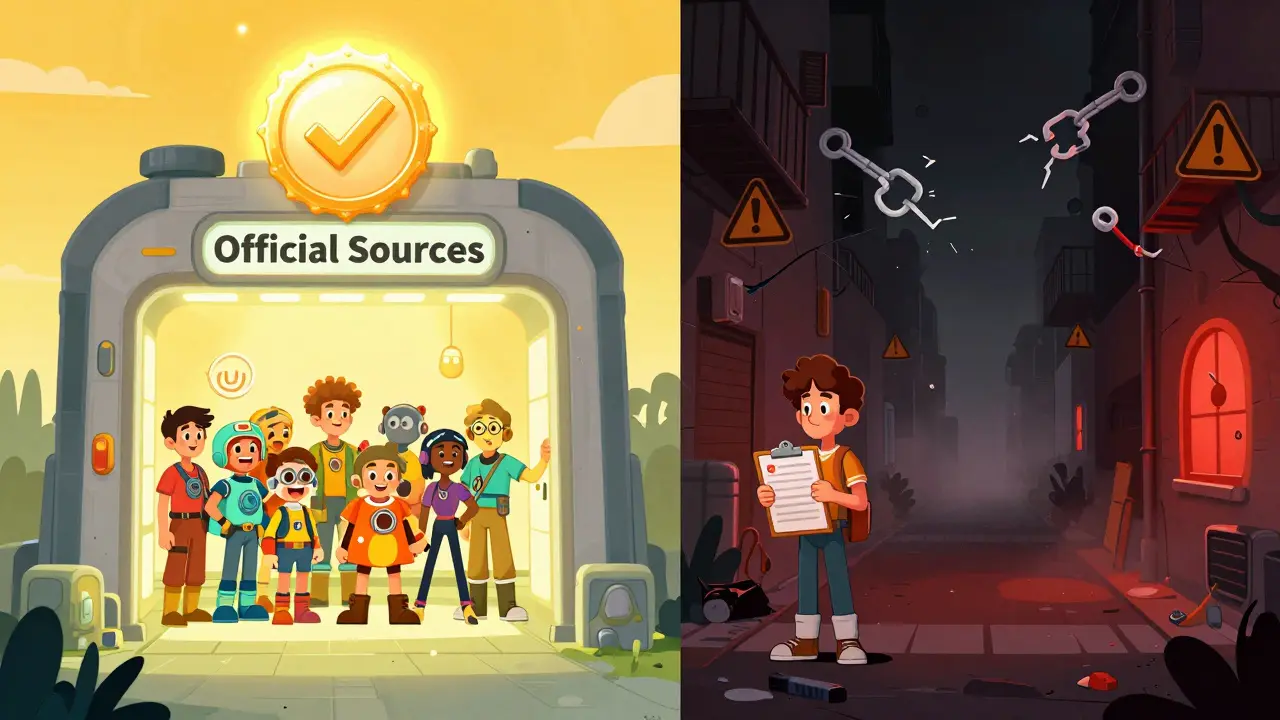 Split view comparing safe verified crypto sources vs dangerous scams