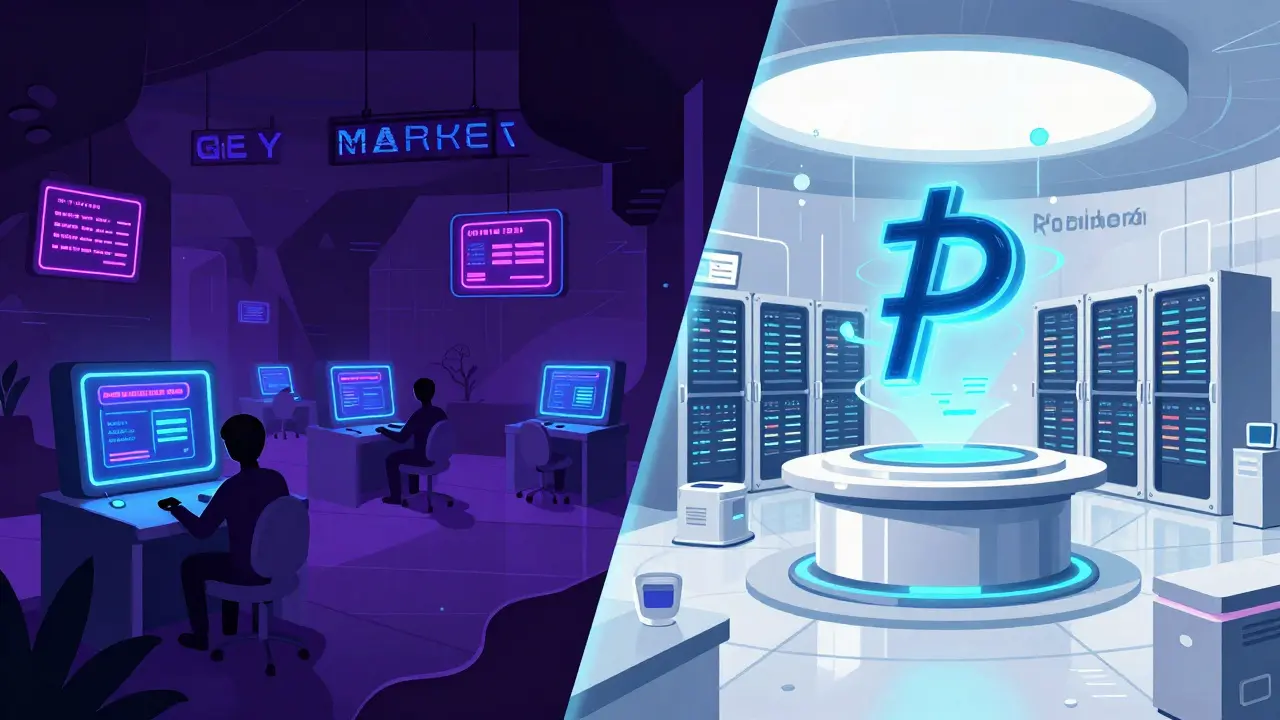 Split view contrasting grey-market crypto risks with Banxico's official Project Agorá CBDC.