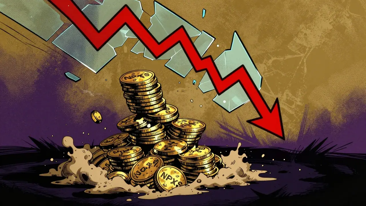 Stack of coins crumbling into dust under a plunging red price chart