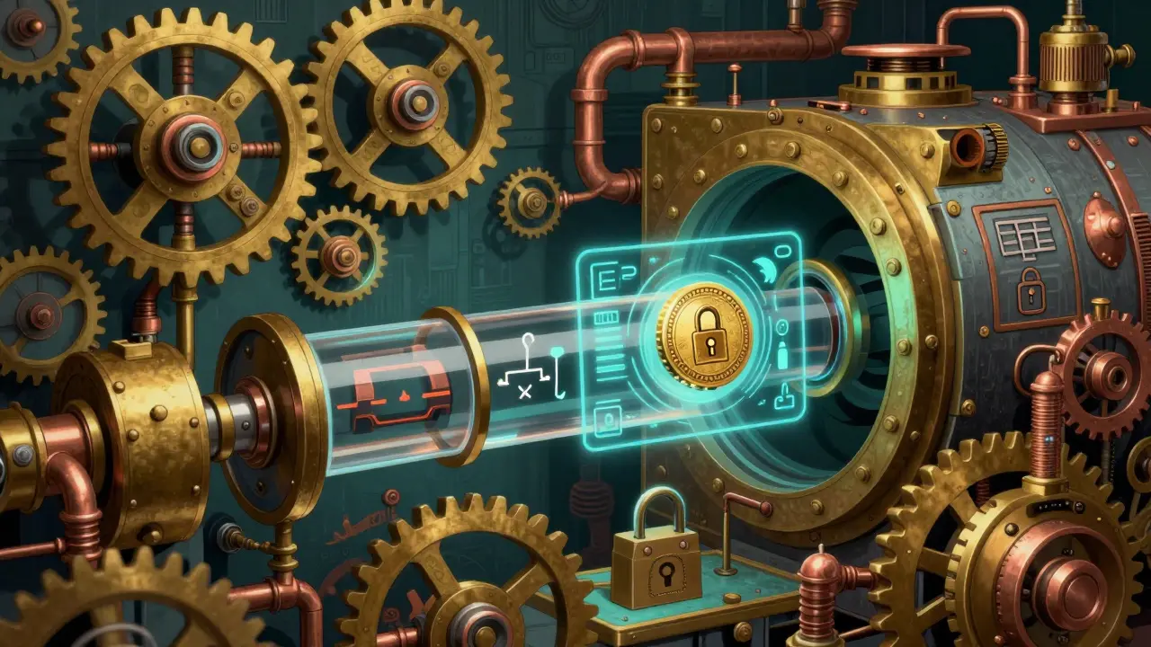 Steampunk-style mechanism illustrating encrypted blockchain voting