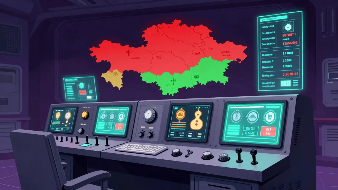 Stylized control room showing regulatory data maps and energy rationing systems.