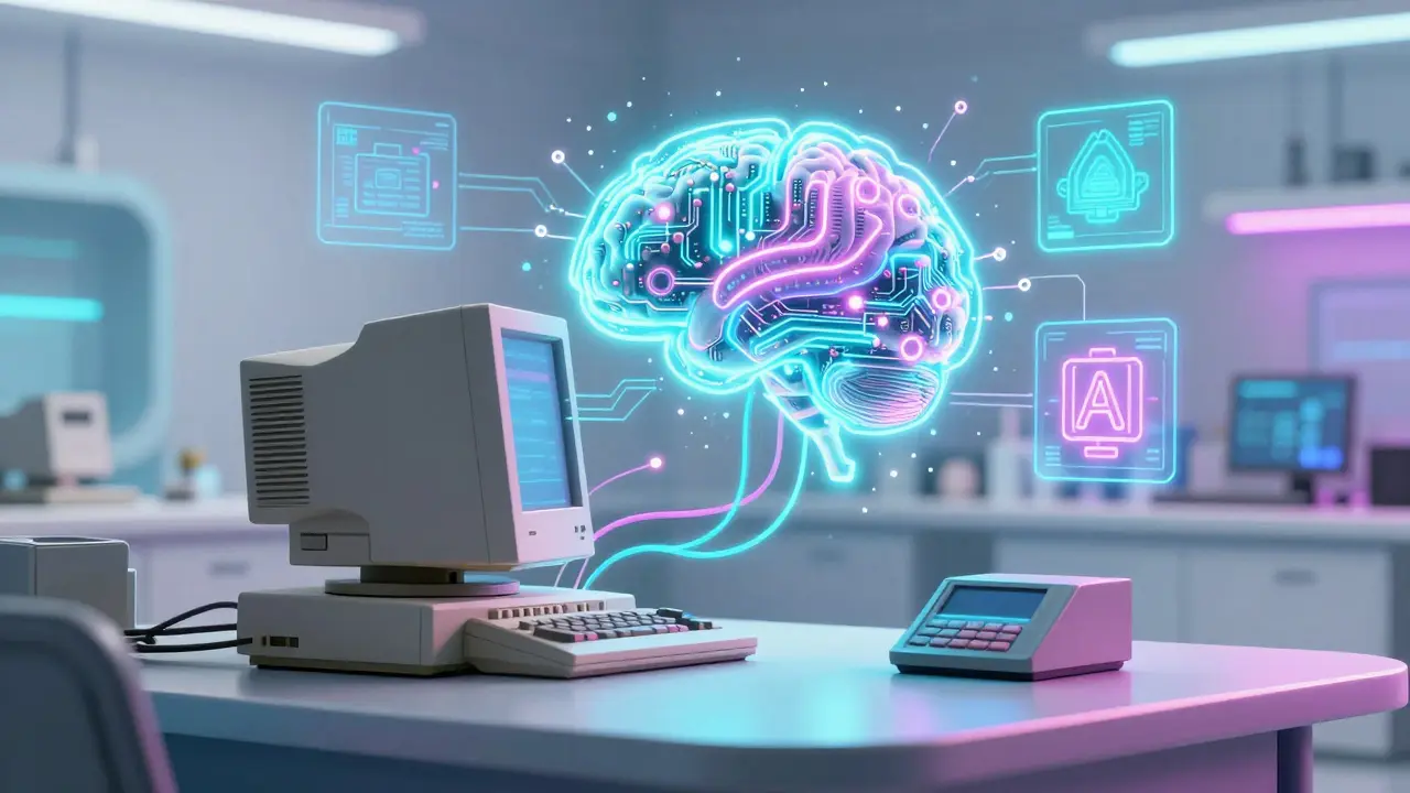 Vintage computer transforming into a glowing AI brain with neon circuits