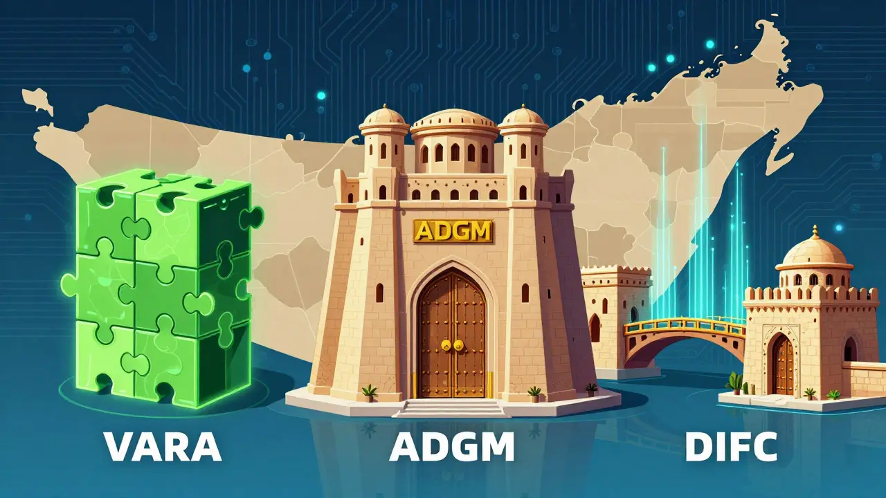Visual comparison of VARA, ADGM, and DIFC regulatory structures