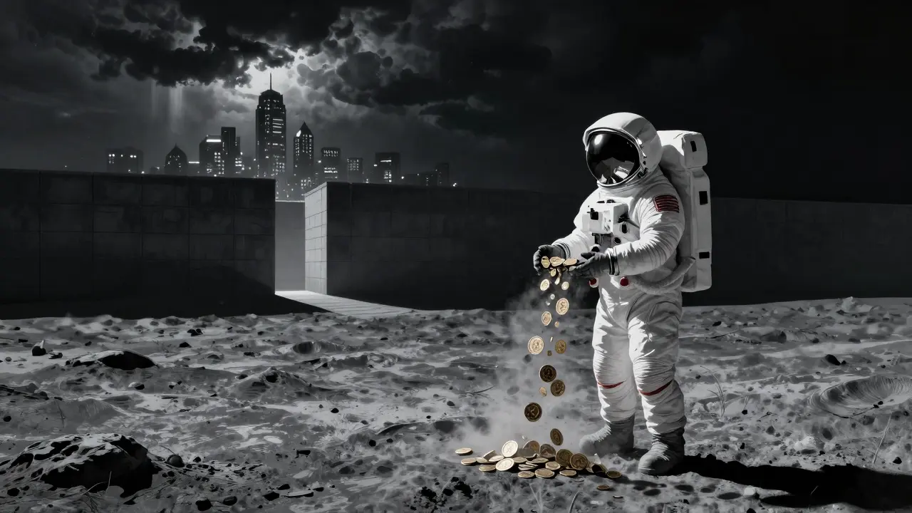 Astronaut on a barren moon holding dissolving coins near a blocked path, symbolizing risk.