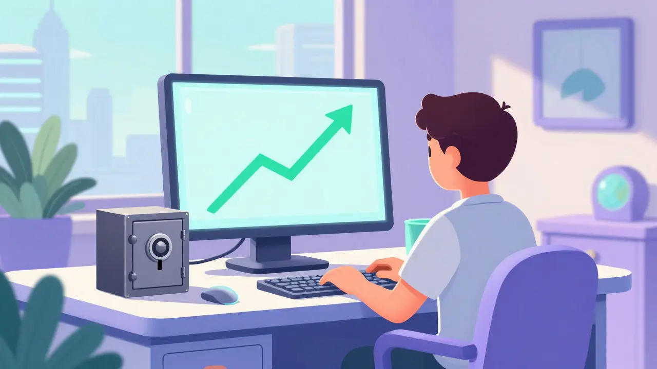 Beginner investor at desk with secure hardware wallet and chart