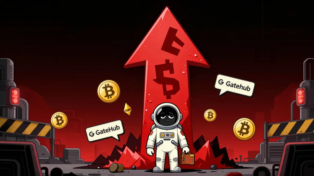 Cartoon character overwhelmed by a giant red arrow symbolizing high crypto fees.